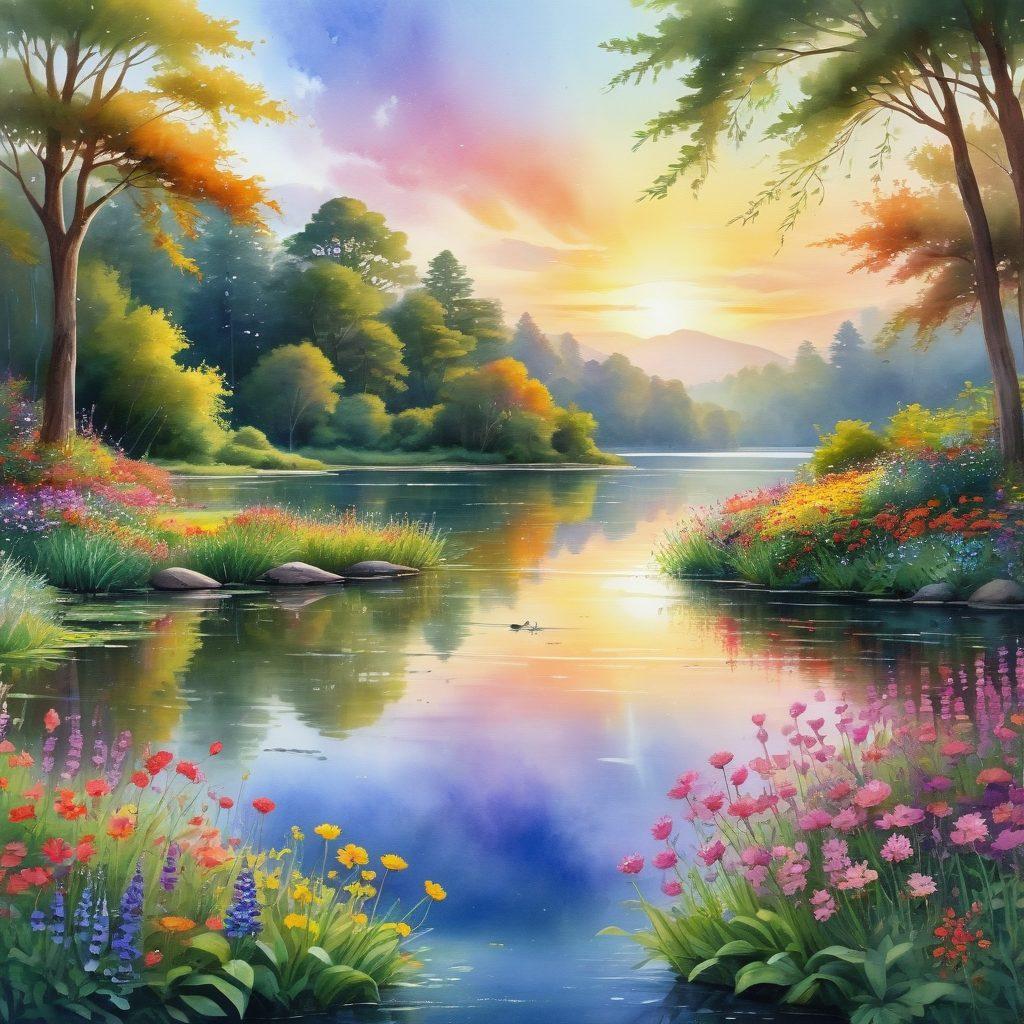 A radiant sun rising over a cheerful landscape filled with vibrant flowers and a serene lake, symbolizing joy and positivity. Include a diverse group of people joyfully interacting, practicing mindfulness and meditation amidst nature. Bright colors, light brushstrokes that evoke happiness, and an inviting atmosphere. watercolor painting. vibrant colors. cheerful and uplifting.