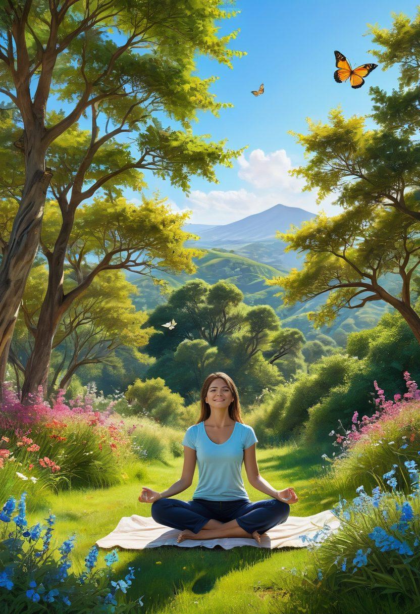 A serene landscape filled with lush greenery, gentle rolling hills, and a clear blue sky. In the foreground, a person sitting cross-legged, meditating with a peaceful smile, surrounded by blooming flowers and fluttering butterflies symbolizing bliss. Sunlight filtering through the trees, creating a warm glow. The image evokes tranquility and happiness. super-realistic. vibrant colors.
