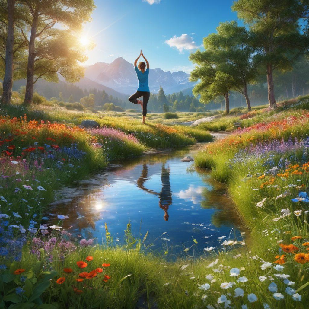 A serene landscape featuring a sunlit meadow with wildflowers, a joyful person practicing yoga, and butterflies fluttering around. In the background, a gentle stream flows, reflecting the blue sky. The scene radiates positivity and tranquility, encouraging viewers to embrace happiness in nature. super-realistic. vibrant colors. 3D.
